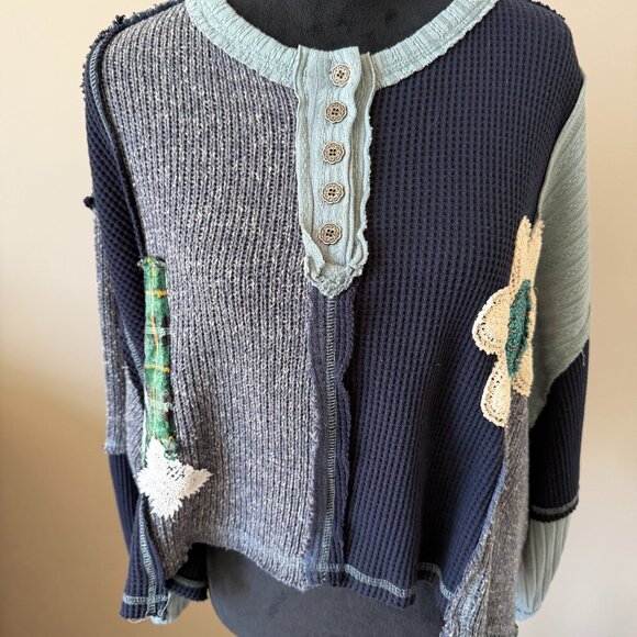 POL Sweaters - POL Blue Oversized Blocked Patch Floral Long Sleeve Sweater Small